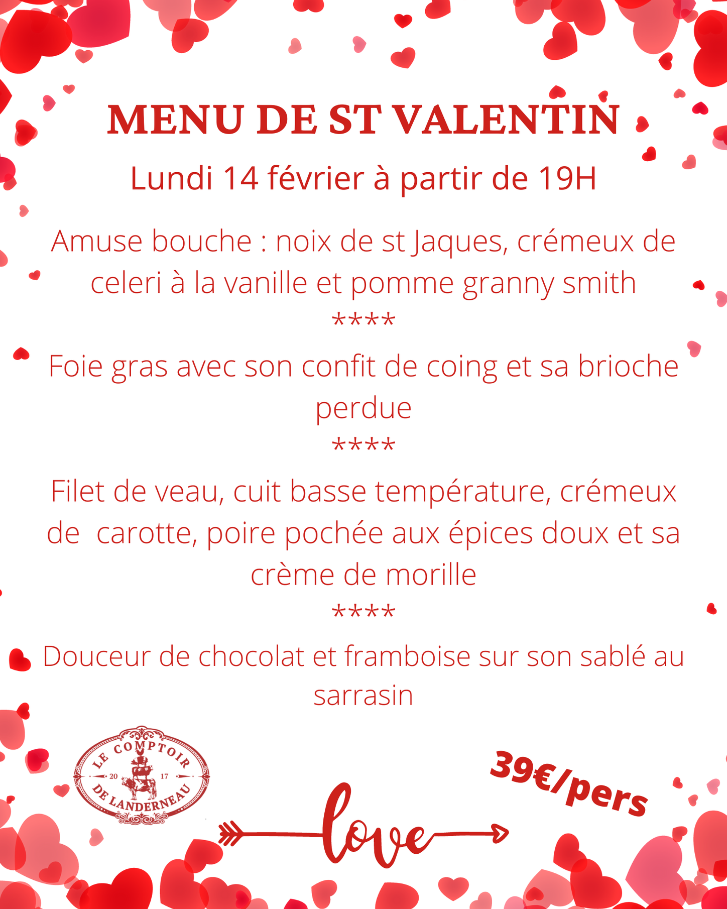 menu special saint valentin restaurant comptoir de landerneau